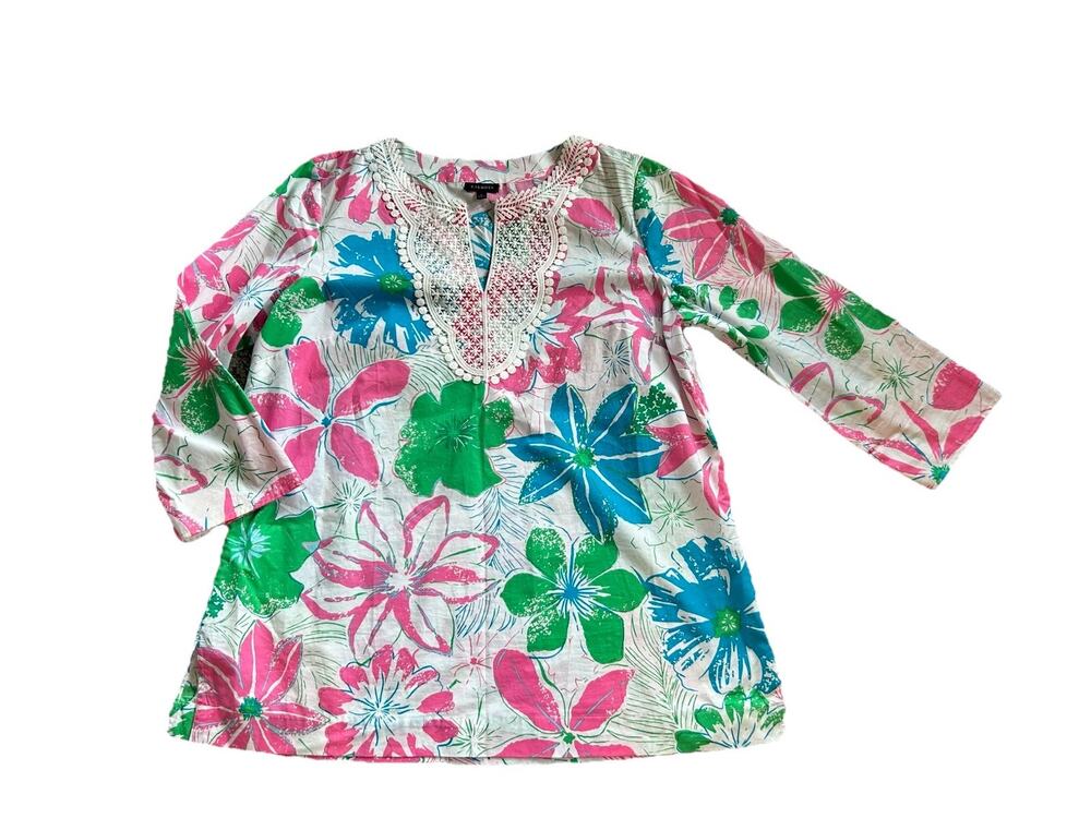 Talbots Size Large Tunic Top Lace Bib Tropical Anguilla Floral 3/4 Sleeve E26